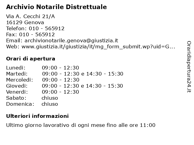 Orari di apertura Archivio Notarile Distrettuale Via A. Cecchi